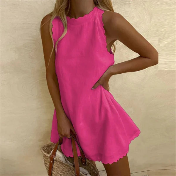 Linen Summer Dress | O-Neck, Knee-Length | Pink