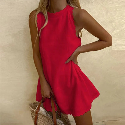 Linen Summer Dress | O-Neck, Knee-Length | Red
