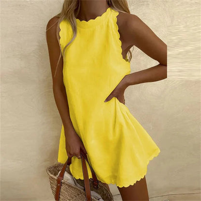 Linen Summer Dress | O-Neck, Knee-Length | Yellow