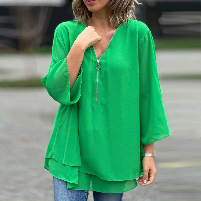 Relaxed Fit Women's V Neck Zipper Top