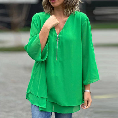 Relaxed Fit Women's V Neck Zipper Top
