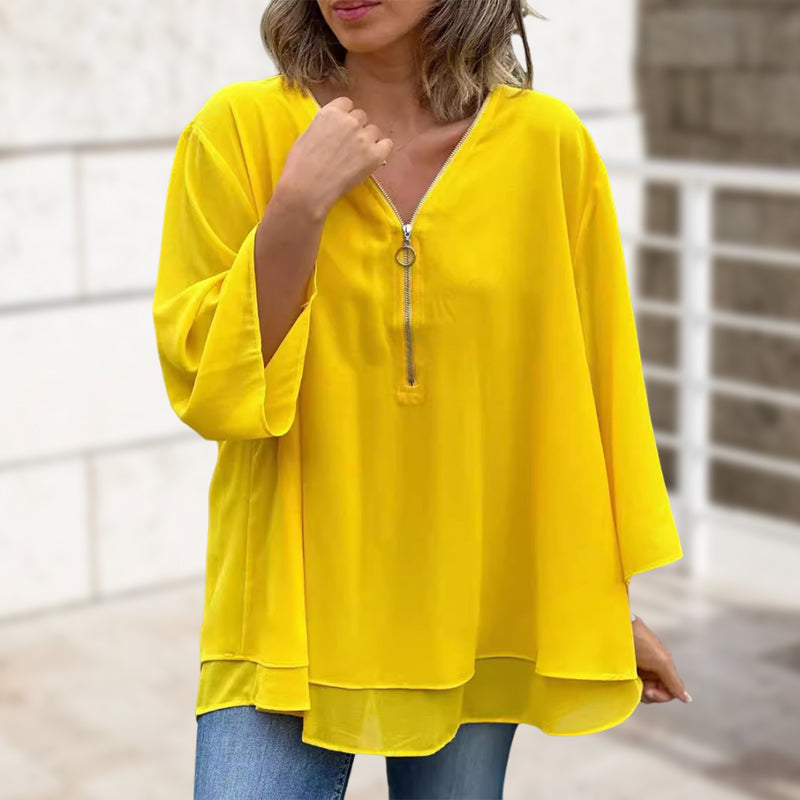 Relaxed Fit Women's V Neck Zipper Top