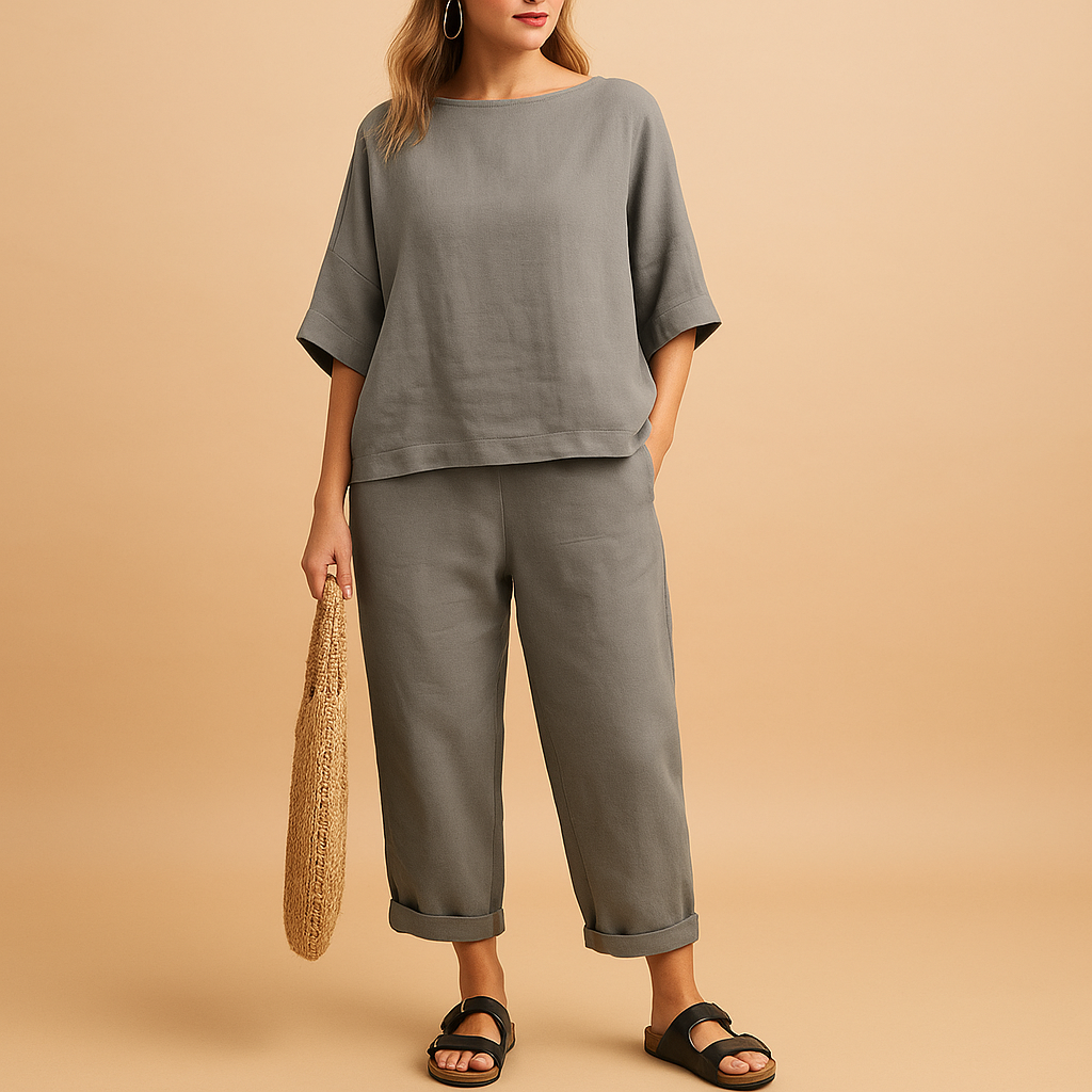 Women’s lightweight two-piece set with loose shirt and ankle-length trousers in beige, sand, sage green, and black, ideal for summer or home wear