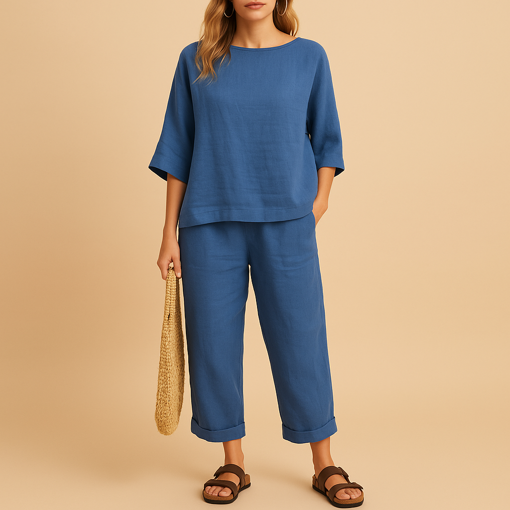 Women’s lightweight two-piece set with loose shirt and ankle-length trousers in beige, sand, sage green, and black, ideal for summer or home wear