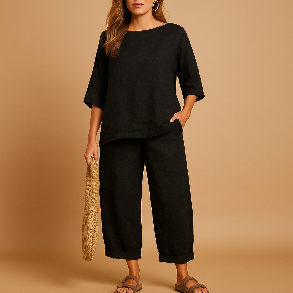 Women’s lightweight two-piece set with loose shirt and ankle-length trousers in beige, sand, sage green, and black, ideal for summer or home wear