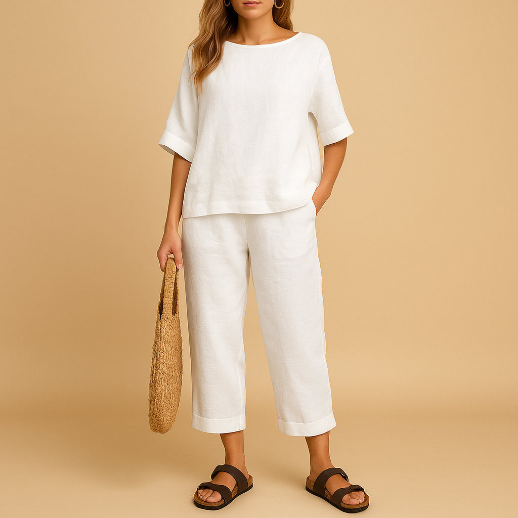 Women’s lightweight two-piece set with loose shirt and ankle-length trousers in beige, sand, sage green, and black, ideal for summer or home wear