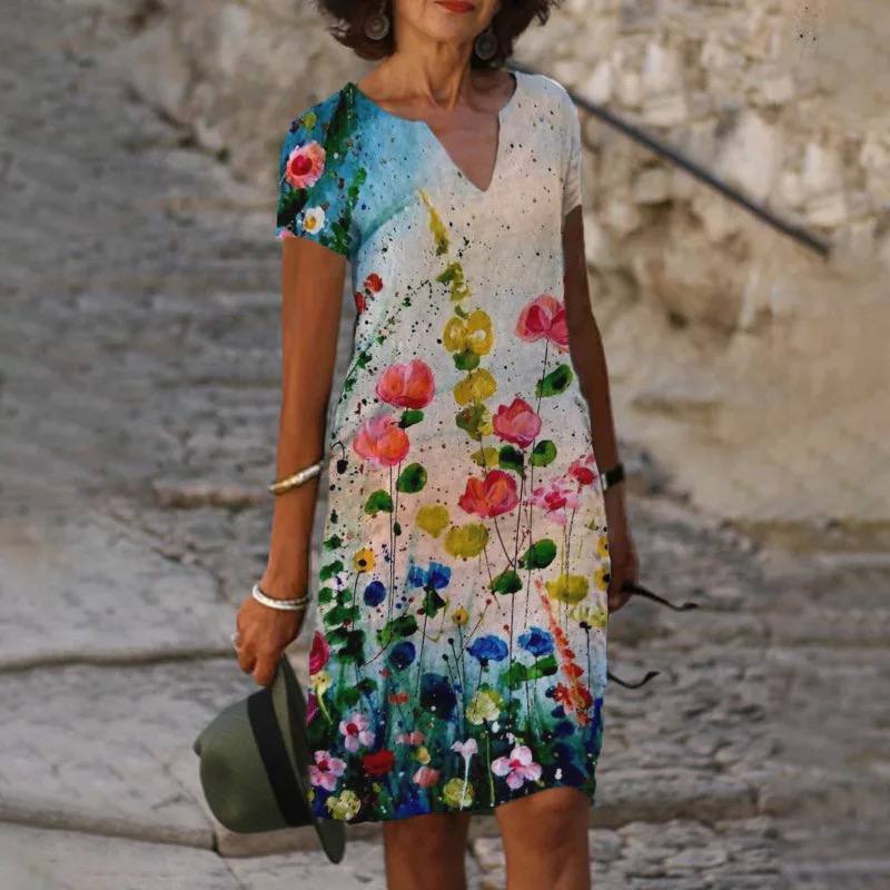 Ladies' Casual Printed V Dress - Luxivelle