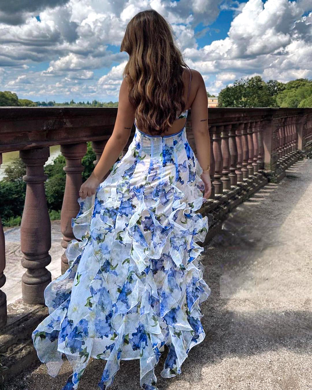 Luna | Floral Maxi Dress for Women - Ruffled Long Dress in Soft Blue and White-5