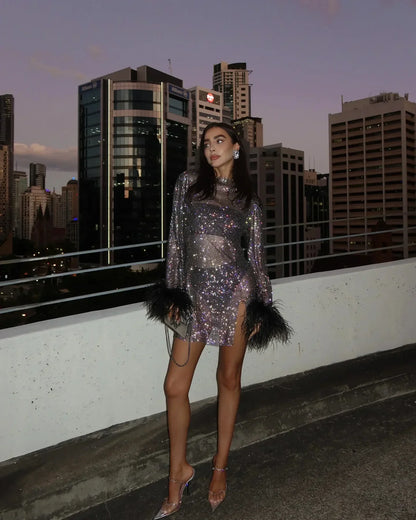 Luna | Mini Dress with Feather Accents and Metallic Cuffs for Evening Wear-2
