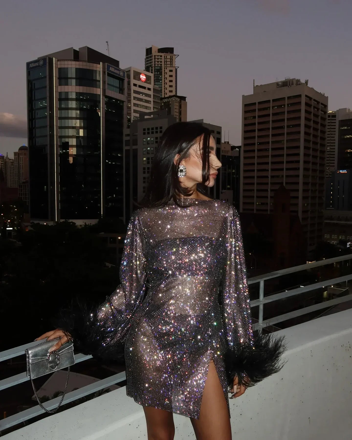 Luna | Mini Dress with Feather Accents and Metallic Cuffs for Evening Wear-1