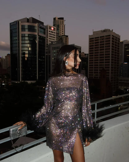 Variant image for Luna | Mini Dress with Feather Accents and Metallic Cuffs for Evening Wear-1