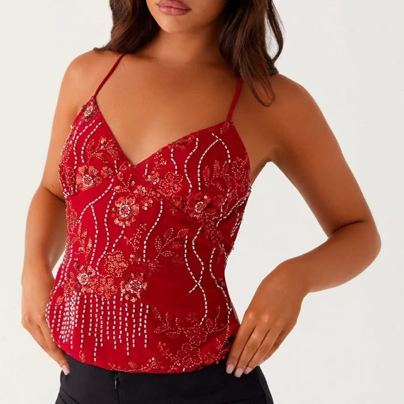 Luna | Floral Sequin Cami Top - Midnight Bloom-6