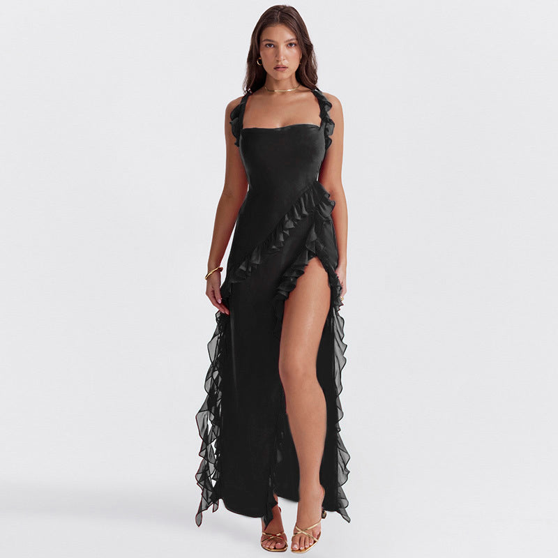 Variant image for Luna | Long Sleeve Maxi Dress for Women with Ruffled Design and Thigh-High Slit in Rich Plum-16