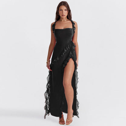 Variant image for Luna | Long Sleeve Maxi Dress for Women with Ruffled Design and Thigh-High Slit in Rich Plum-16