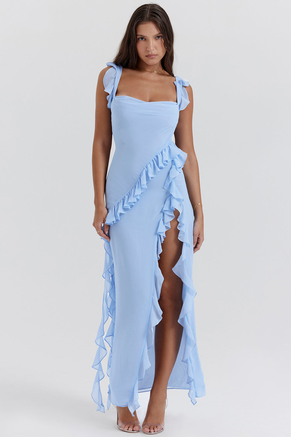 Variant image for Luna | Long Sleeve Maxi Dress for Women with Ruffled Design and Thigh-High Slit in Rich Plum-6