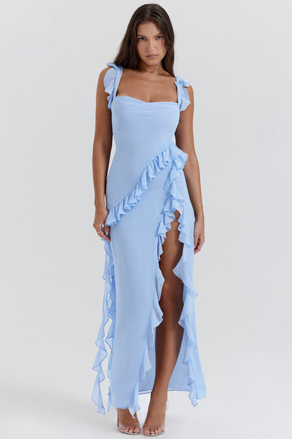Variant image for Luna | Long Sleeve Maxi Dress for Women with Ruffled Design and Thigh-High Slit in Rich Plum-6