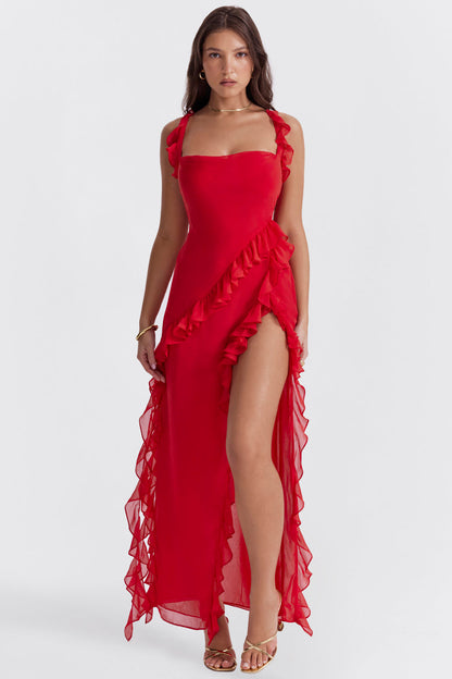 Variant image for Luna | Long Sleeve Maxi Dress for Women with Ruffled Design and Thigh-High Slit in Rich Plum-11