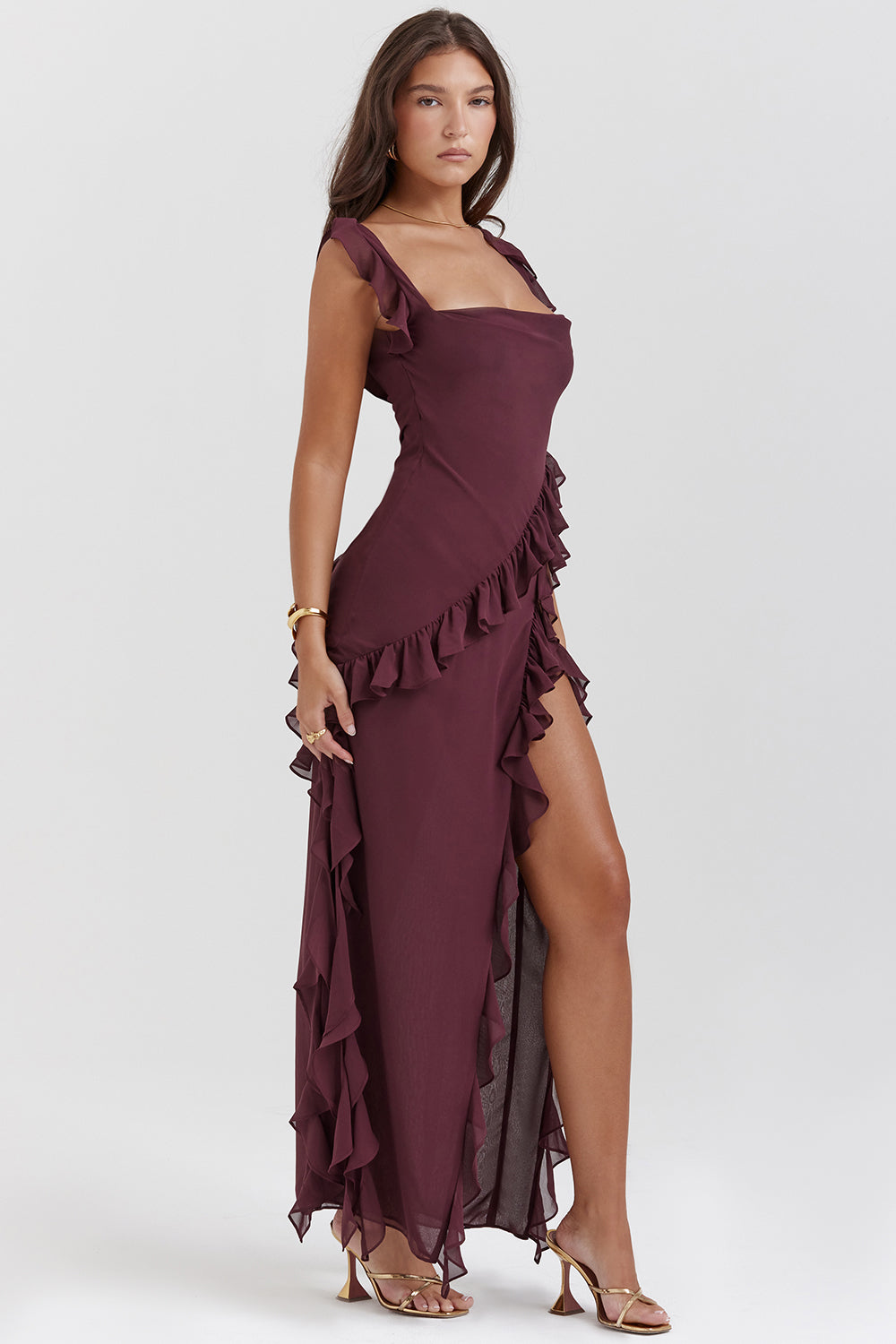 Luna | Long Sleeve Maxi Dress for Women with Ruffled Design and Thigh-High Slit in Rich Plum-1