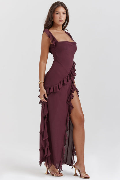 Luna | Long Sleeve Maxi Dress for Women with Ruffled Design and Thigh-High Slit in Rich Plum-1