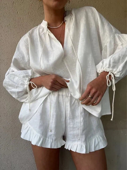 Luna | Womens Loungewear Set with Ruffle-Hem Shorts and Adjustable Tie Sleeves-1