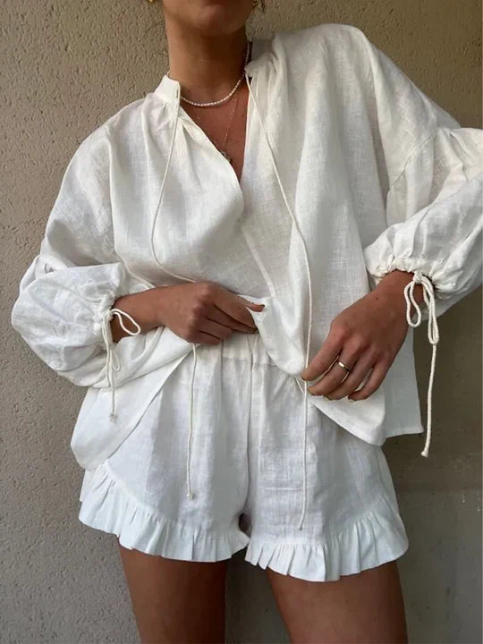 Variant image for Luna | Womens Loungewear Set with Ruffle-Hem Shorts and Adjustable Tie Sleeves-1