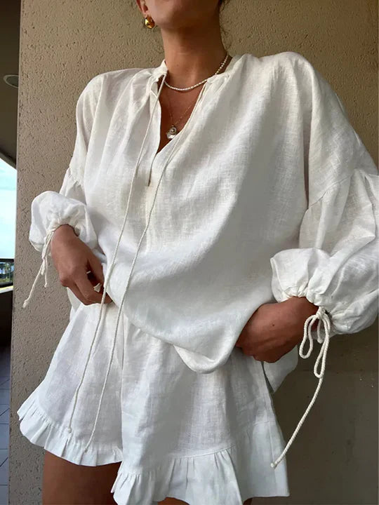 Luna | Womens Loungewear Set with Ruffle-Hem Shorts and Adjustable Tie Sleeves-3
