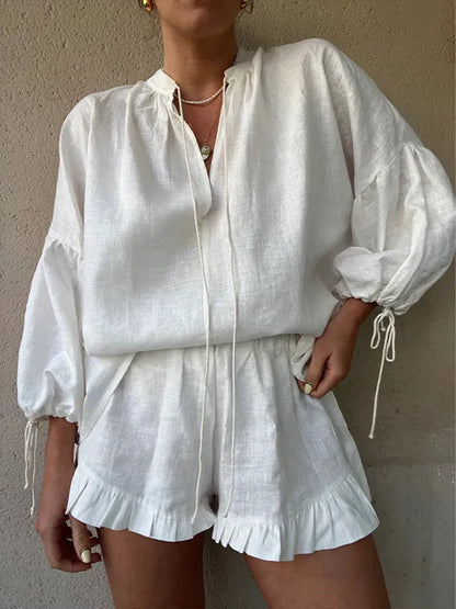 Luna | Womens Loungewear Set with Ruffle-Hem Shorts and Adjustable Tie Sleeves-4