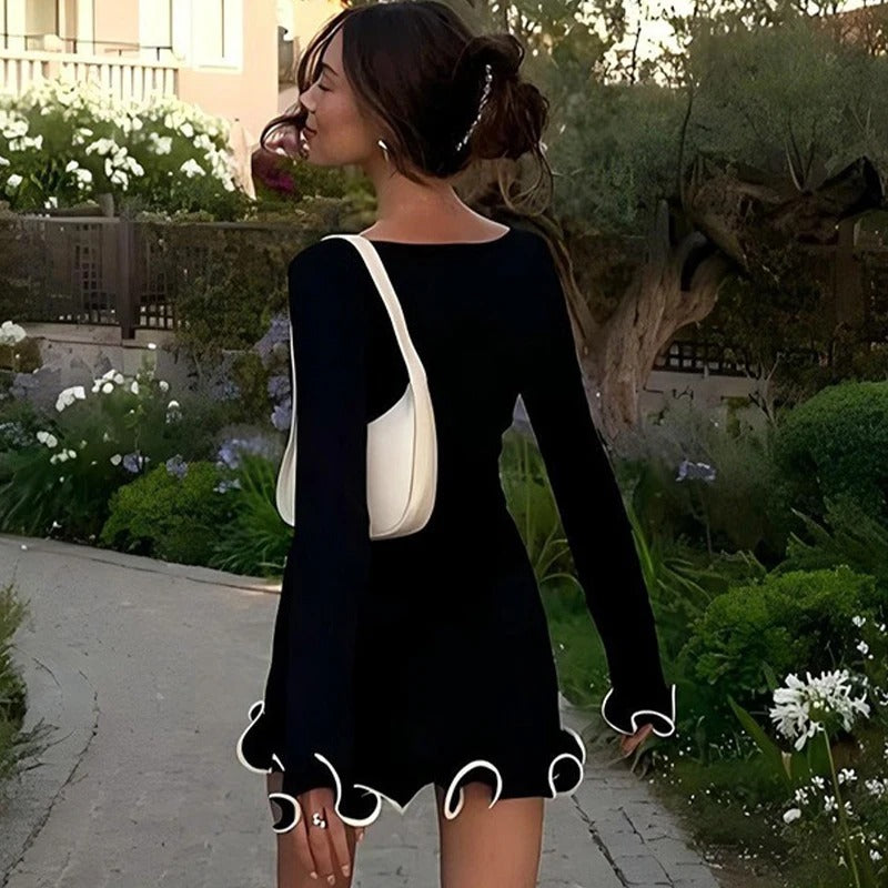 Luna | Black Long Sleeve Mini Dress with Wavy Ruffled Hem-3