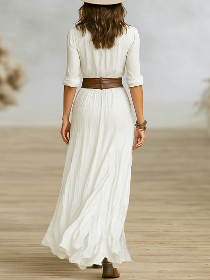 Elegant Pleated Maxi Dress with Waist Belt