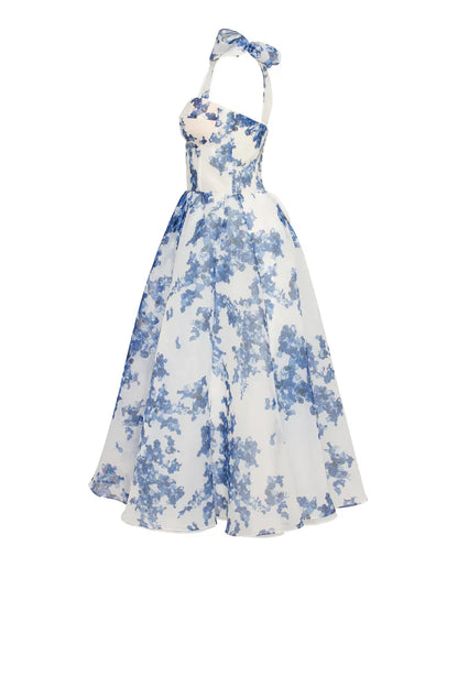 Genevieve | Blue hydrangea patterned organza midi dress