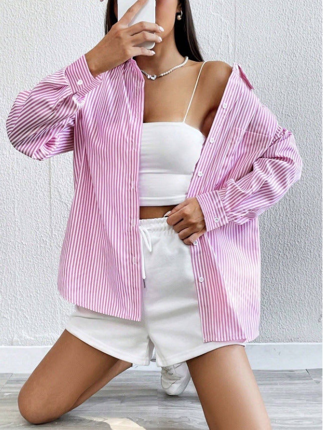 Timeless Striped Collar Long Sleeve Womens Shirt - Luxivelle