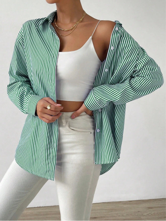 Timeless Striped Collar Long Sleeve Womens Shirt