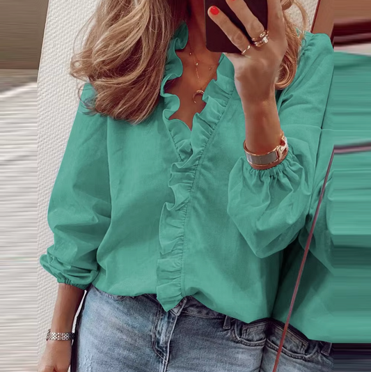 Classic White Female Blouse Long Sleeve Ruffled Top - Luxivelle