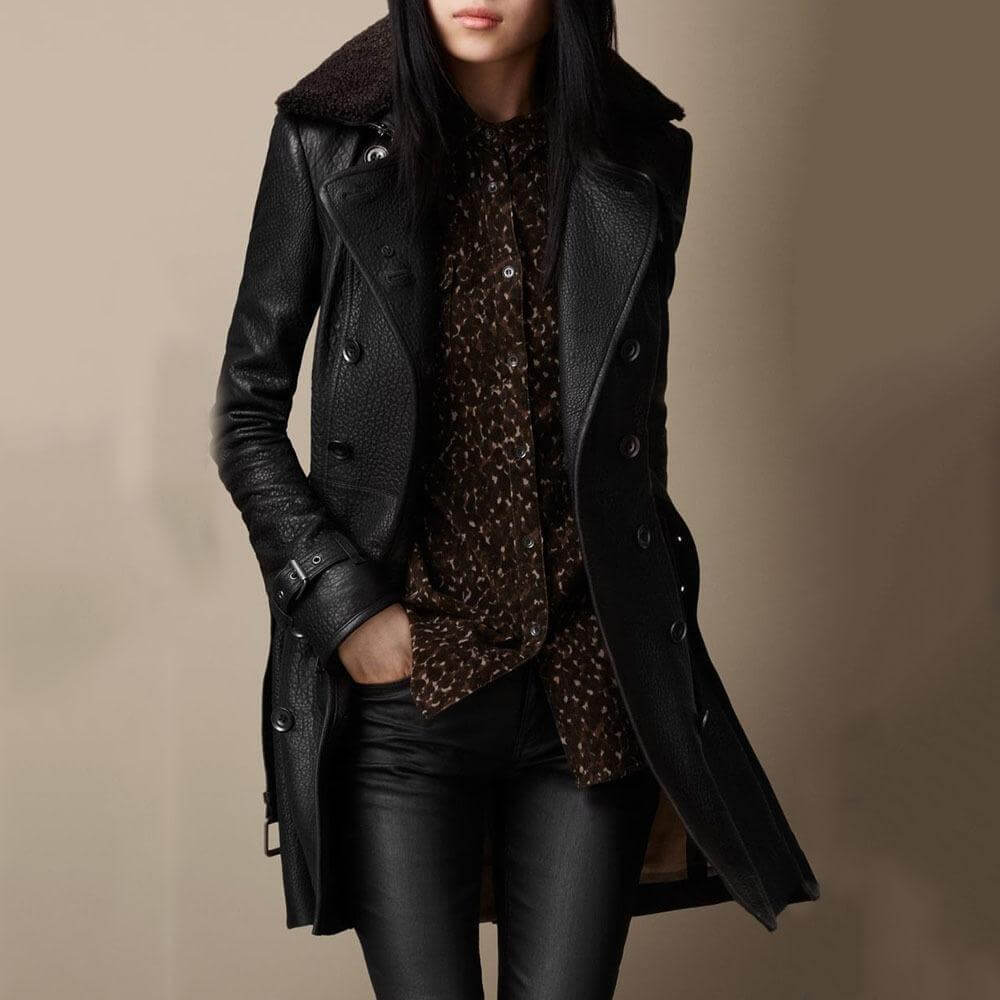 Classic Women's Leather Trench Coat Fashion Outerwear