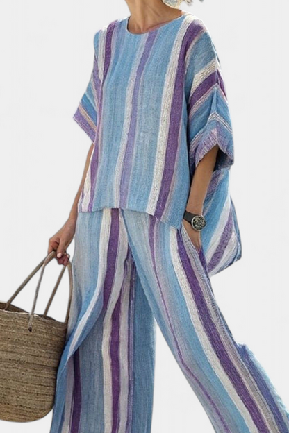 Mauve Pastel Top & Striped Linen Pants | Women's Outfit 1