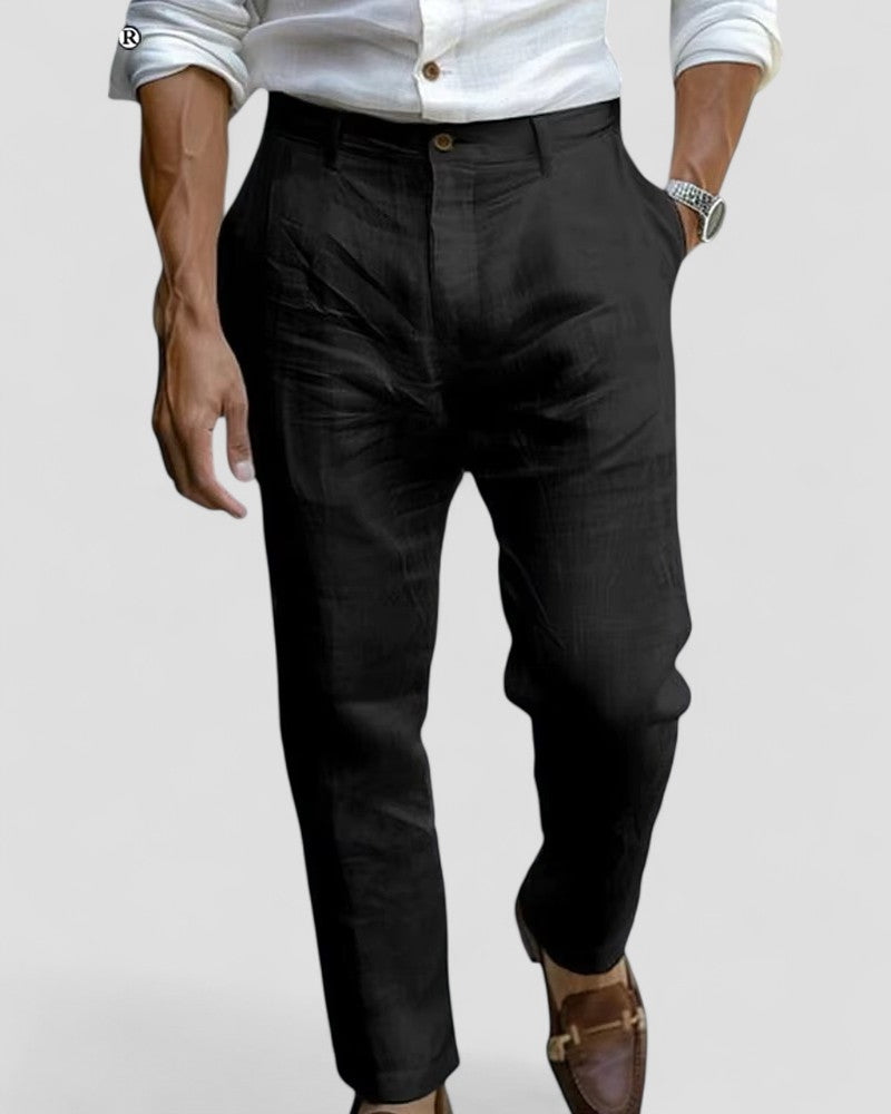 Men's Linen Blend Straight Fit Beach Trousers Ankle Length 0
