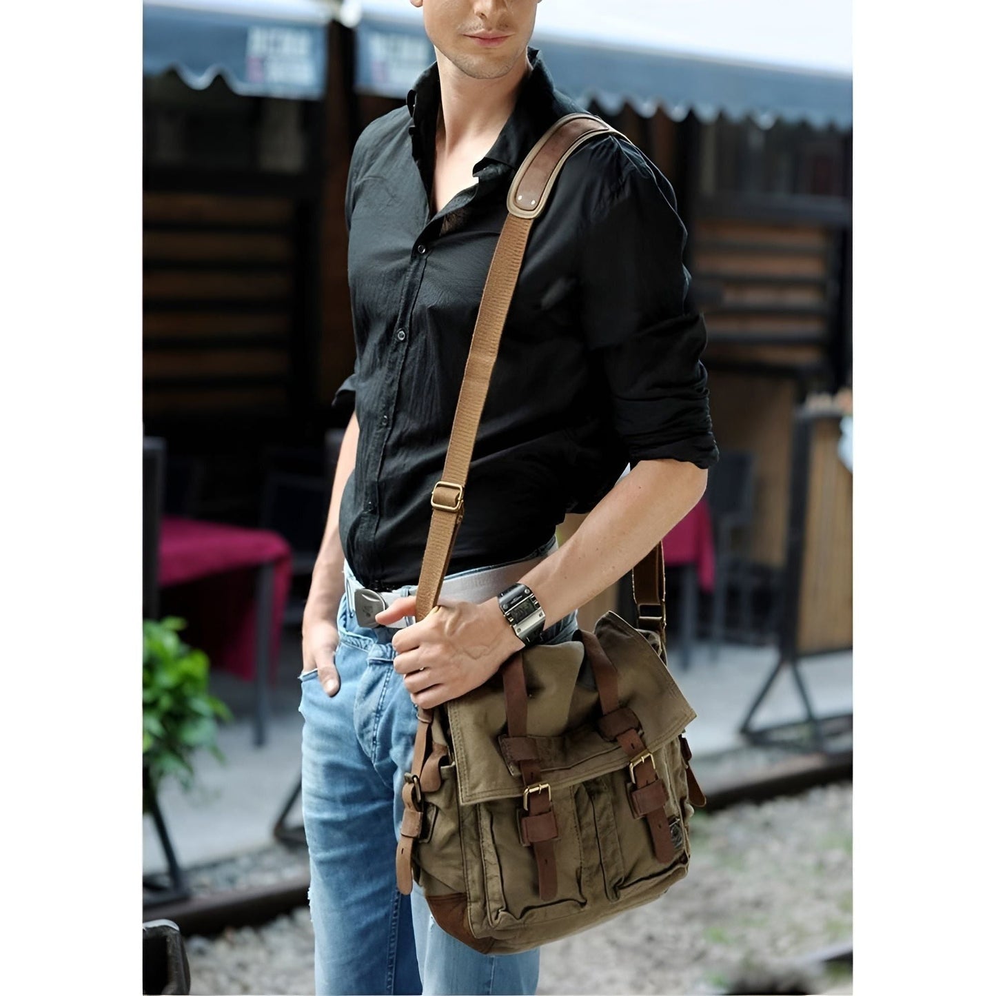 Classic Canvas Crossbody Bag for Men with Brown Leather Trim