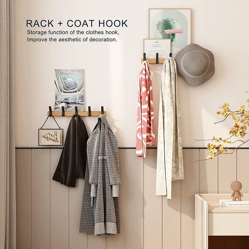 Space-Saving Wooden Coat Hook Rack - Black Modern Design