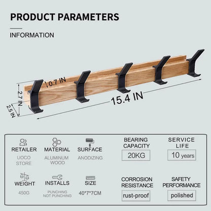 Space-Saving Wooden Coat Hook Rack - Black Modern Design