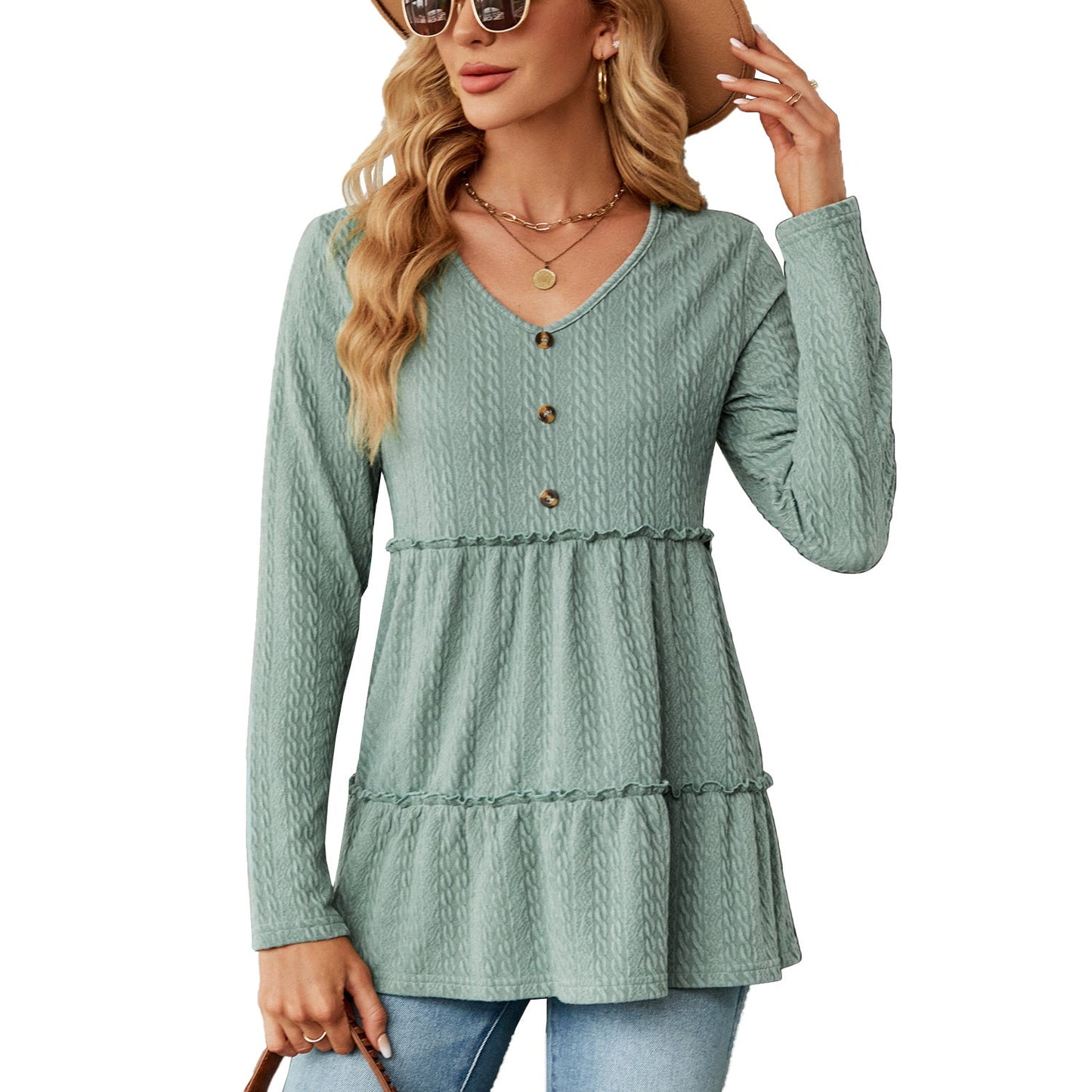 Ladies' Floral Ruffled Bell Sleeve Blouse