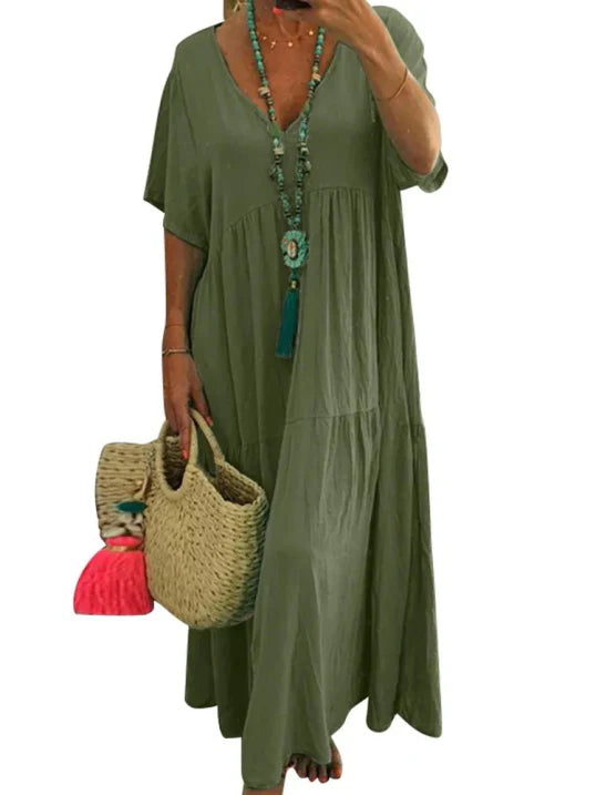Ladies Loose Fit V Neck Summer Dress - Luxivelle