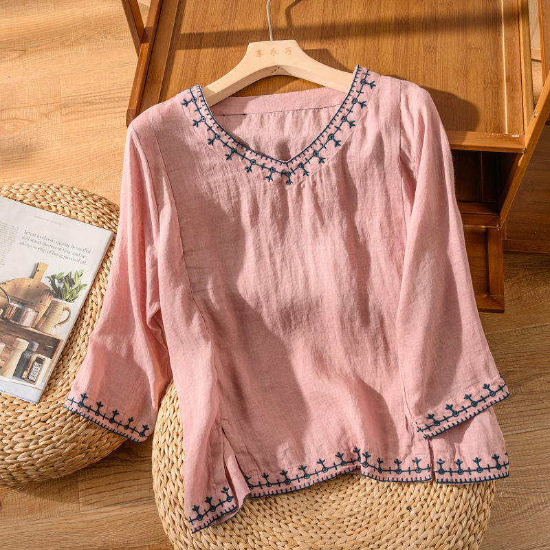 Decorative V Neck Embroidered Ladies Blouse