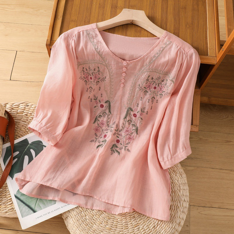 Casual Embroidered Loose Fit Top