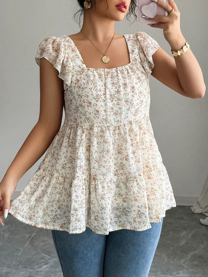Ladies Floral Blouse with Ruffled Sleeves - Luxivelle