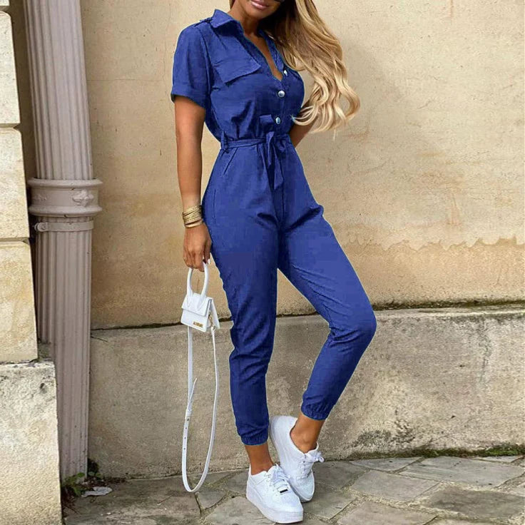 Ladies' V-Neck Jumpsuit with Front Buttons