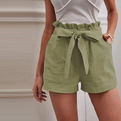 Elastic Waist Ladies Shorts with Adjustable Belt and Pockets