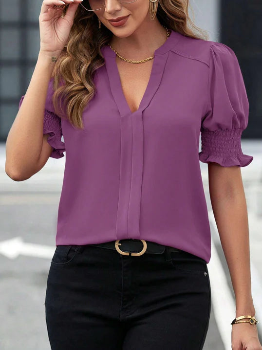Ladies' V Neck Ruffled Sleeve Top