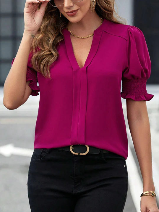 Ladies' V Neck Ruffled Sleeve Top - Luxivelle