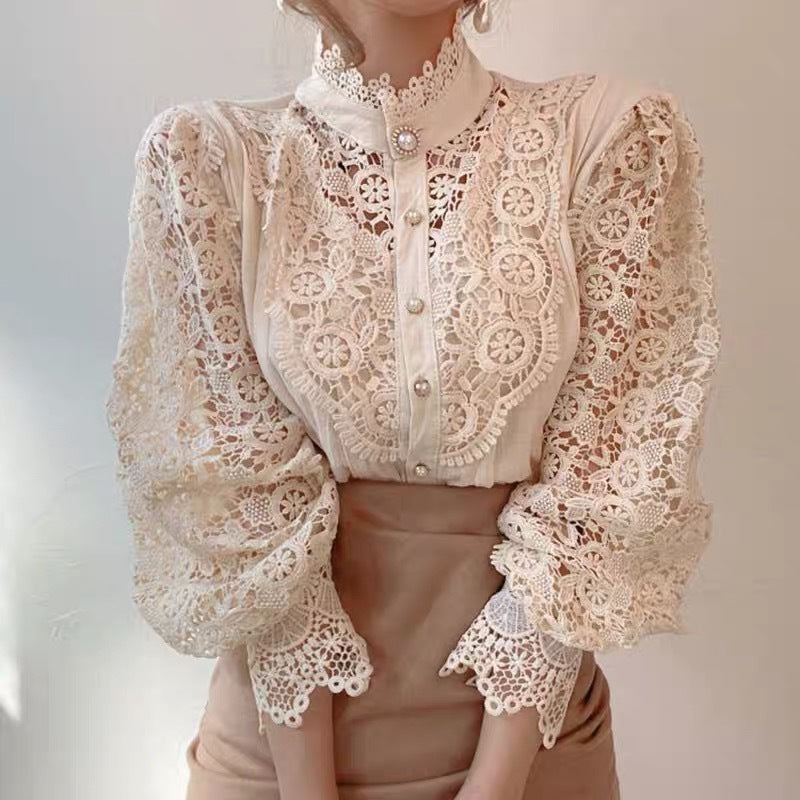 Feminine Floral Crochet Long Sleeve Top - Luxivelle