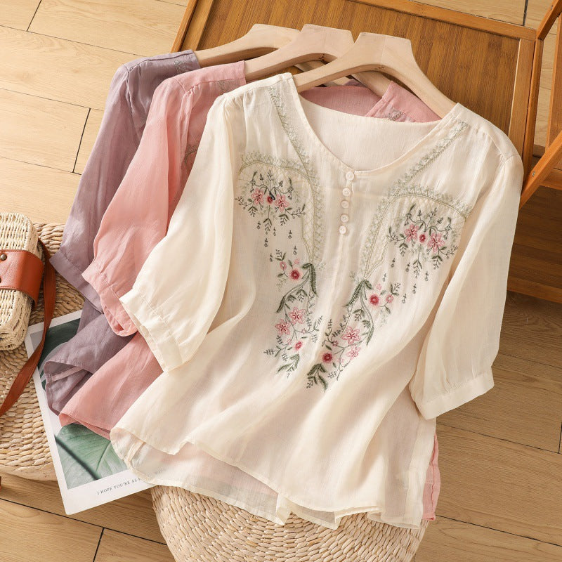 Casual Embroidered Loose Fit Top
